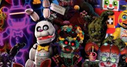 Collage of FNAF AR characters, featuring jumpscares from iconic animatronics in a dark, eerie setting.