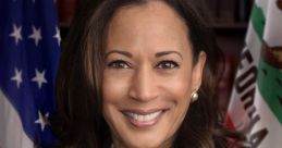 Kamala Harris smiling in formal attire, showcasing leadership beside the American and California flags.