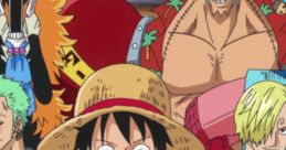 Luffy and crew from One Piece smile together, showcasing their iconic styles and adventurous spirit.