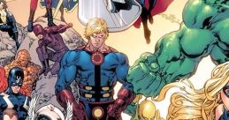 Marvel superheroes assemble, featuring iconic characters like Thor, Hulk, and Captain Marvel in a dynamic comic scene.