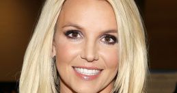 Britney Spears smiling with long blonde hair, wearing a stylish black outfit and a choker, exuding confident charm.