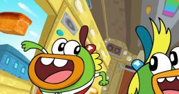 Cheerful animated fish characters exploring a colorful control room filled with buttons and flying bread. Nickelodeon vibe.