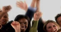 Diverse group of people cheering and applauding, expressing joy and celebration with raised fists and radiant smiles.