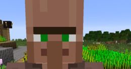 Brown-clothed Minecraft villager with green eyes, standing in a vibrant farm setting, surrounded by crops and greenery.