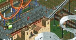 Detailed RollerCoaster Tycoon 2 scene featuring amusement park attractions, including roller coasters and themed buildings.