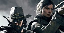 Dynamic duo from Hunt: Showdown, armed and ready for intense battles against monsters in a dark, atmospheric setting.