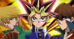 Iconic Yu-Gi-Oh! characters showcasing their duel spirit, set against a vibrant background of ancient Egyptian symbols.