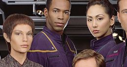 Star Trek crew in purple uniforms, showcasing diversity and teamwork aboard a starship in a futuristic setting.