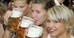 Three women holding large beer mugs, enjoying a festive atmosphere, celebrating German culture and humor.