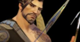 Hanzo stands confidently, wielding his bow with intricate tattoos and a focused expression, embodying the spirit of a skilled archer.