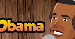 Cartoon character resembling Obama speaking into a microphone, promoting engagement and entertainment themes.