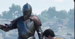 Knight in armor gestures while a man in a yellow outfit admires the design, showcasing "Mordhau Voices - Plain" style.