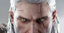 Geralt of Rivia with fierce yellow eyes, iconic white hair, and scarred face, showcasing his rugged warrior look.