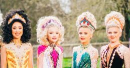 Irish dancers in vibrant costumes pose outdoors, showcasing traditional dance styles with intricate detailing and unique hairstyles.