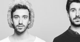 Black and white portrait of two musicians, showcasing their unique styles and expressions, reflecting AJR's artistic vibe.