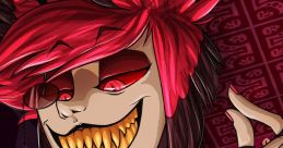 Vibrant depiction of Alastor with red hair and a sinister grin, showcasing his distinctive style and mischievous personality.