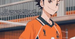 Smiling character in orange volleyball uniform confidently declares his leadership role, set in a vibrant gymnasium for Haikyuu fans.