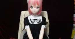 Anime-style doll with pink hair in a black dress, sitting serenely on a chair, perfect for Hentai enthusiasts and collectors.