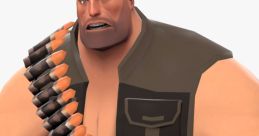 Heavy from TF2, muscular character with a bullet belt, displaying a fierce expression and clenched fists ready for battle.