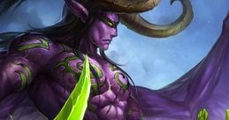 Illidan stands powerful with glowing green blades, showcasing his iconic dark elf features and distinctive demon wings.