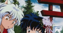 Inuyasha and Kagome share a joyful moment near a traditional torii gate, showcasing their adventurous bond and vibrant personalities.