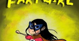 Fart Girl, a superhero with a cape, poses confidently in a colorful, humorous illustration featuring playful fart-themed elements.