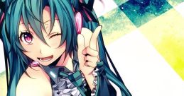 Vibrant anime character with teal hair and headphones, posing playfully with a microphone against a colorful background.