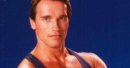 Arnold Schwarzenegger showcasing impressive arm muscles, exuding confidence in a sleeveless tank top against a blue background.