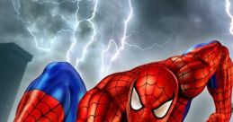 Spiderman swings into action, showcasing agility and strength against a stormy skyline, embodying heroism and adventure.