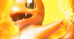 Charmander, fiery Pokémon, joyfully leaps amidst a glowing lava background, showcasing its vibrant orange color and mischievous spirit.