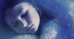 A serene child sleeps peacefully, surrounded by a dreamy cosmic background filled with stars and a soft, fluffy blanket.