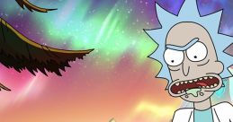 Rick Sanchez from "Rick and Morty" in a colorful alien landscape, showcasing surreal adventure and cosmic humor.