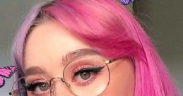 E-girl with pastel pink and purple hair, round glasses, and a stylish striped top, surrounded by playful butterflies.