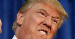 Donald Trump expressing strong emotions at a press conference, wearing a suit and blue tie, with an intense facial expression.