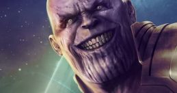 Thanos grinning menacingly, holding the Infinity Gauntlet, with a cosmic background highlighting his power and presence.