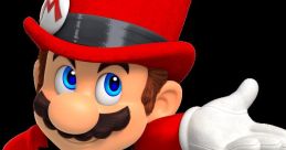 Mario, dressed in a red top hat and tuxedo, playfully gestures, showcasing his iconic charm and style from the Super Mario series.