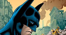 Batman solemnly holds toy bears amid a disaster scene, showcasing his compassion amidst city devastation.