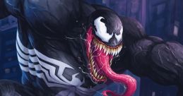 Venom, the iconic anti-hero, soars through a cityscape at night, showcasing his menacing grin and long tongue.