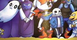 Colorful Undertale characters gather around a whimsical, upside-down landscape, showcasing the game's unique art style.