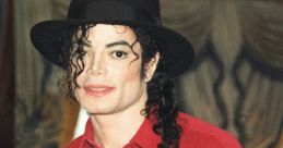 Michael Jackson wearing a red shirt and black hat, showcasing his iconic style and charismatic presence.