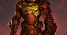 Doom Slayer stands ready for battle in Doom Eternal, wielding a glowing sword against the backdrop of a hellish landscape.