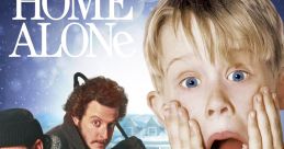 Kevin McCallister shocks, surrounded by burglars Harry and Marv in a festive, snowy scene from the classic "Home Alone.