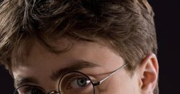 Close-up of a young wizard with glasses, showcasing determined expression and iconic Harry Potter style.