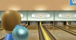 Mii character bowling in Wii Sports, focusing on the lanes and bowling ball, showcasing the fun of virtual sports gaming.