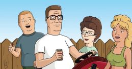 Hank Hill enjoys a barbecue with friends while sitting on his lawnmower, embodying classic "King of the Hill" humor.