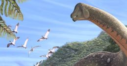 A large dinosaur stands by the beach, observing flying birds against a lush, prehistoric landscape.