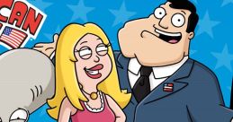 Stan, Francine, and Roger from American Dad pose against a blue star background, showcasing their quirky family dynamic.