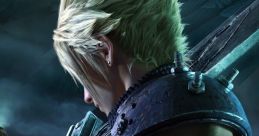 Cloud Strife from Final Fantasy VII Remake, showcasing iconic sword and character design in a detailed, dynamic pose.