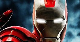 Close-up of Iron Man's armored suit with glowing eyes, showcasing intricate details and red metallic finish against a dramatic sky.