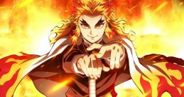 Rengoku from Demon Slayer stands confidently with sword, surrounded by flames, embodying fiery determination and strength.